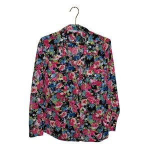 Vintage Notations Floral Button Down Shirt XL Pink Blue Green Long Sleeve Blouse